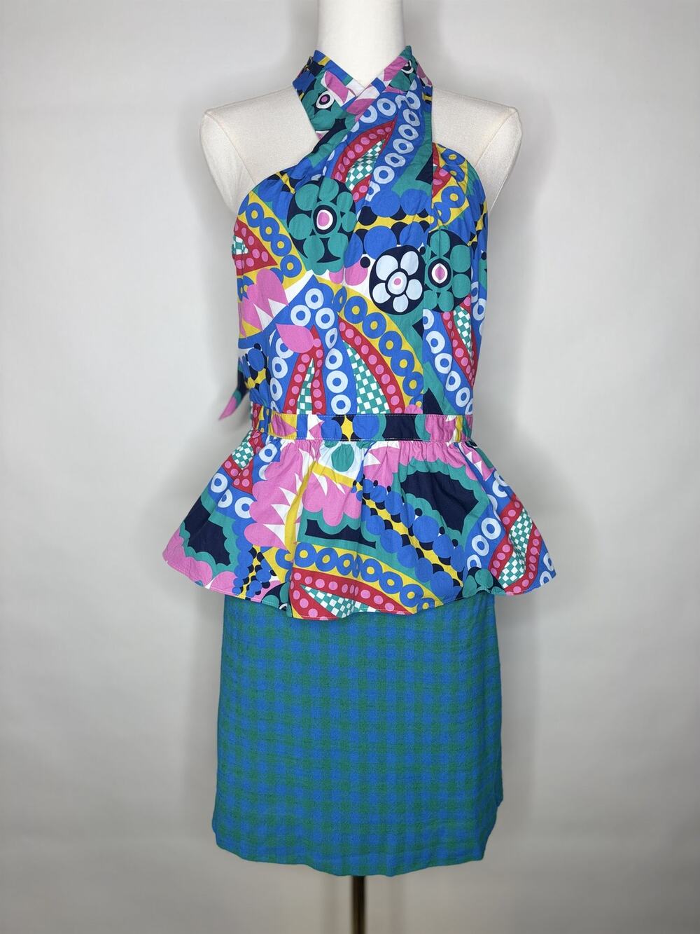 J.Crew Re-Imagined Blue Green Gingham Mini Pencil Skirt Size 4 Preppy Lined